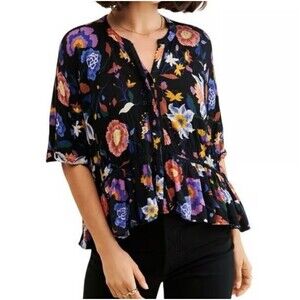 Anthropologie Black Floral Josie Dolman Sleeve Top XSP Crepe Boho Peasant Flowy